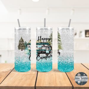 Happy Camper with White & Teal Glitter 20oz Tumbler 